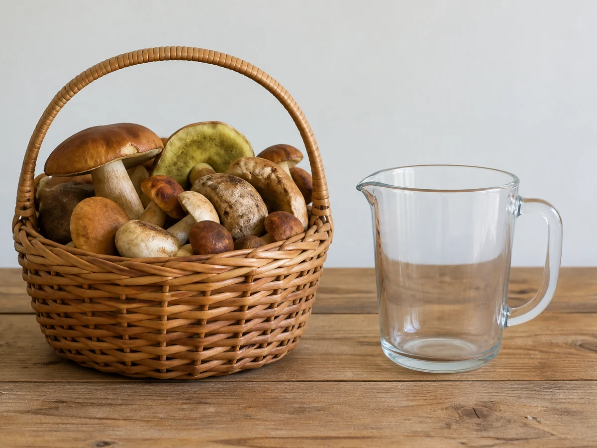 A woven basket of wild mushrooms standing beside a clear glass measuring jug of similar volume on a plain wooden table