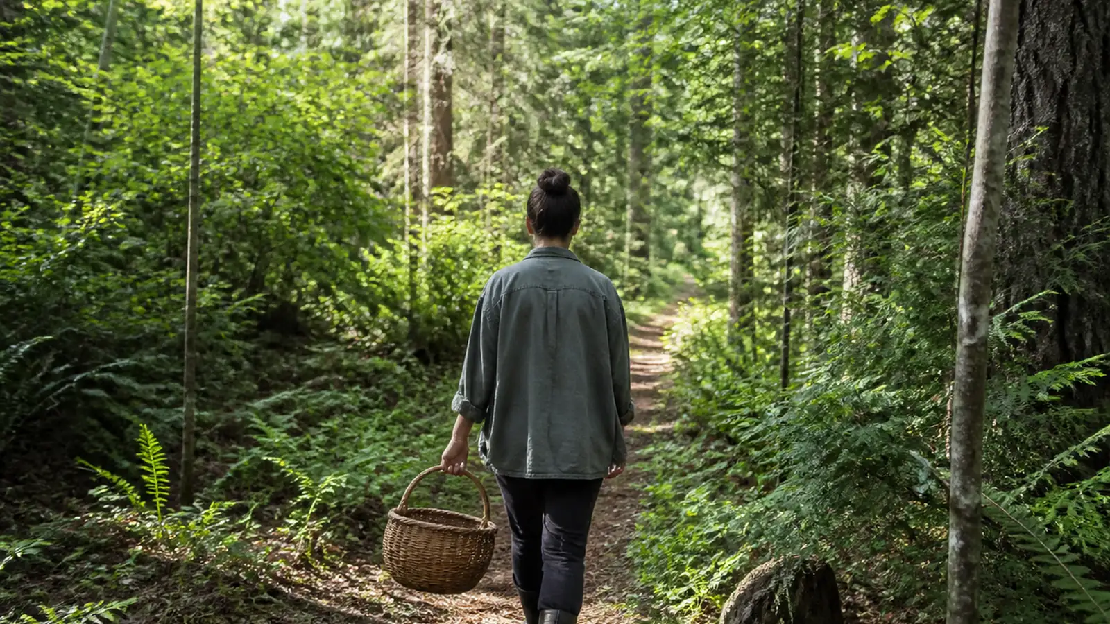 A person seen from behind walking a narrow trail into mixed temperate woodland carrying a woven basket