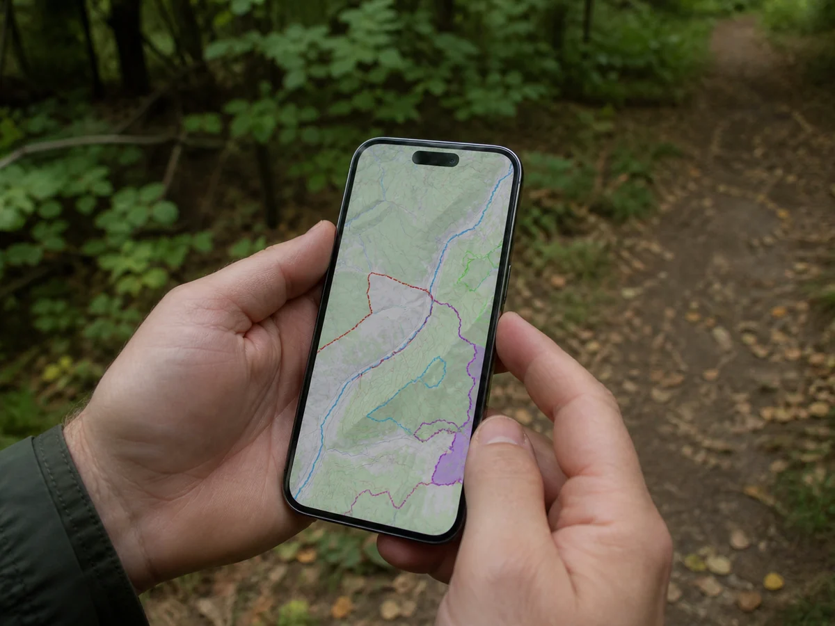 Two hands holding a smartphone showing a map with colored boundary areas at the edge of a woodland trail