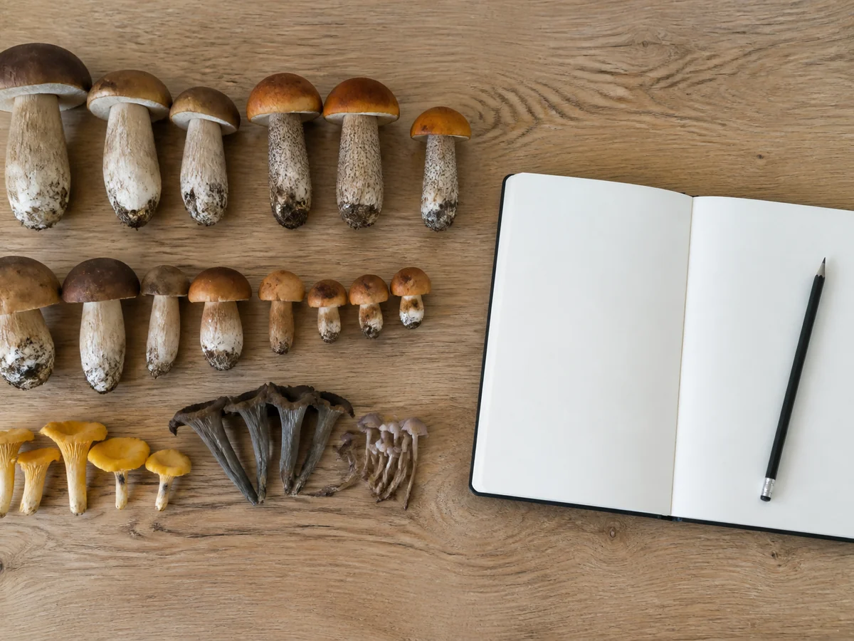 Cleaned wild mushrooms laid out in rows on a plain wooden table beside an open blank notebook and a pencil