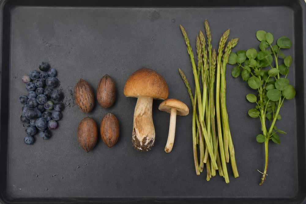 Five foraged items laid in a row on a dark gray tray, a handful of blueberries, hickory nuts, two wild mushrooms, thin wild asparagus spears and a sprig of watercress