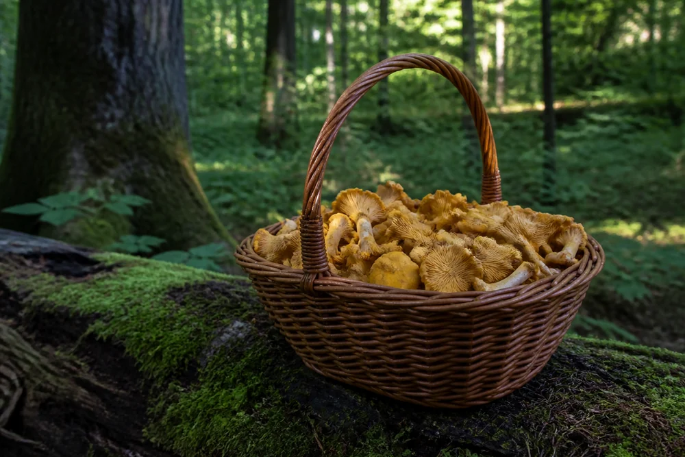 A wicker basket of chanterelles set on a mossy log in a Wisconsin hardwood forest with no tools visible