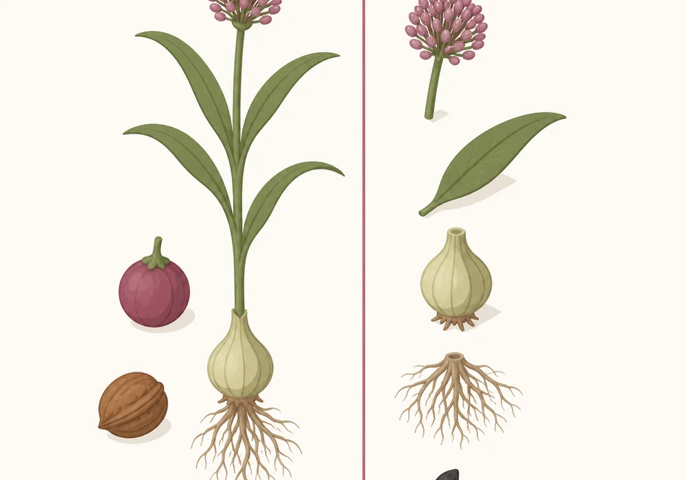 An isometric drawing of one plant with its parts separated slightly apart, a fruit and a nut on one side of a colored dividing line and a root, a bulb, a leaf and a seed head on the other