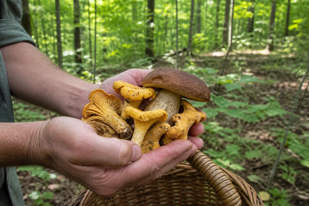 A forager's hands holding several golden chanterelles and one large brown-capped bolete over a wicker basket in a Wisconsin hardwood forest