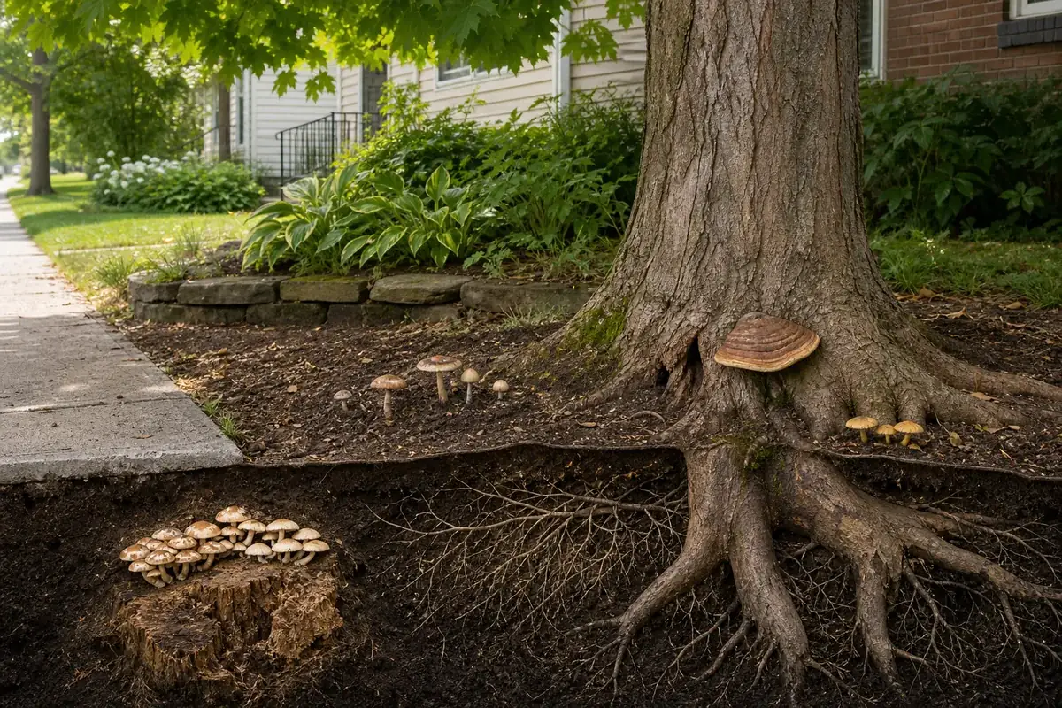 Urban maple yard cutaway with mushrooms on a buried stump, in soil near living roots, and attached at the root flare