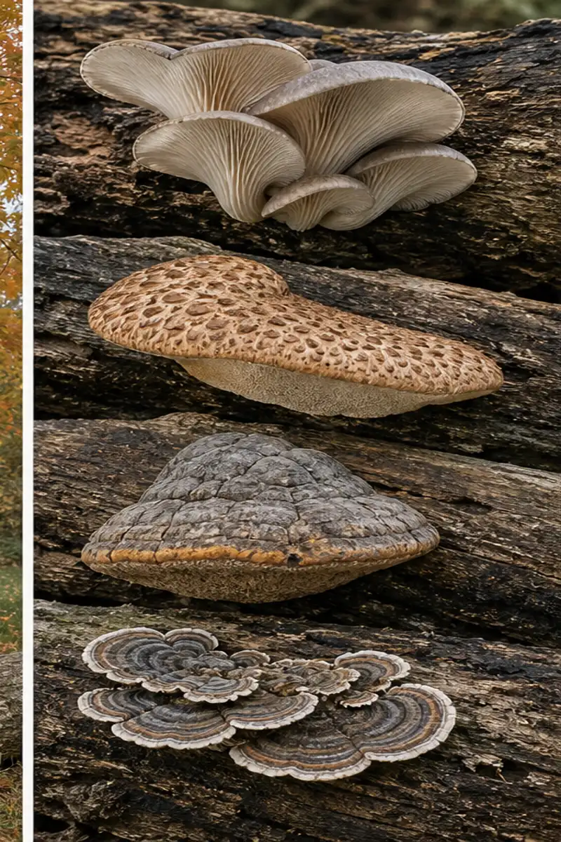 Oyster shelves, dryad's saddle, artist's conk, and thin turkey-tail fans occupying different maple deadwood surfaces