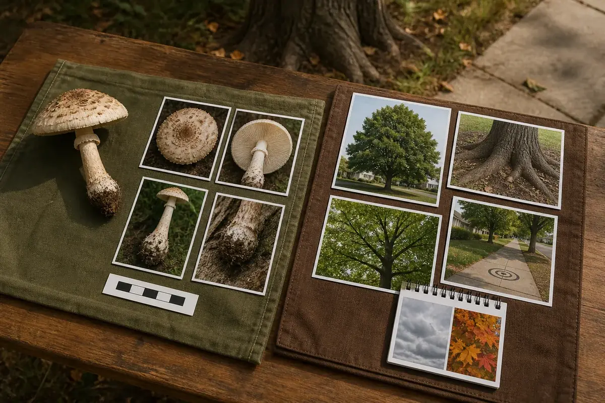 Separate field records for mushroom characters and for maple defects, site history, crown, and targets