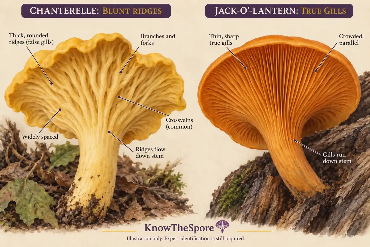 Illustration comparing thick forked chanterelle ridges with crowded sharp jack-o'-lantern gills