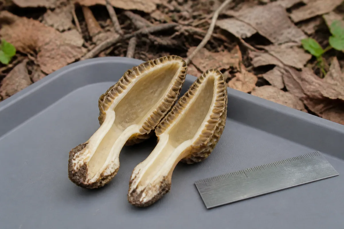 One true morel cut lengthwise to show a continuous hollow chamber from cap through stem