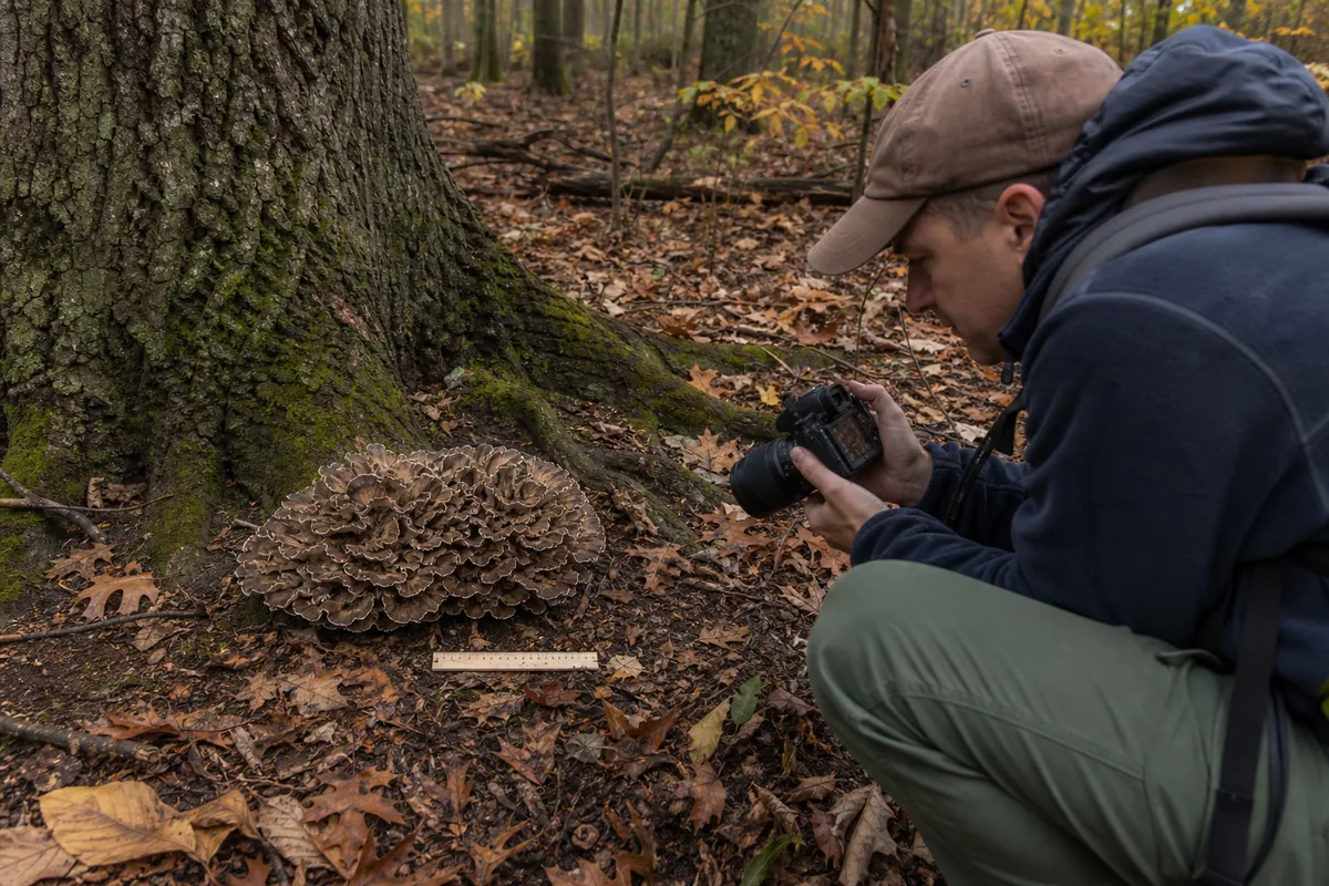 Forager photographing a hen-of-the-woods cluster at the root flare of a mature oak before collection