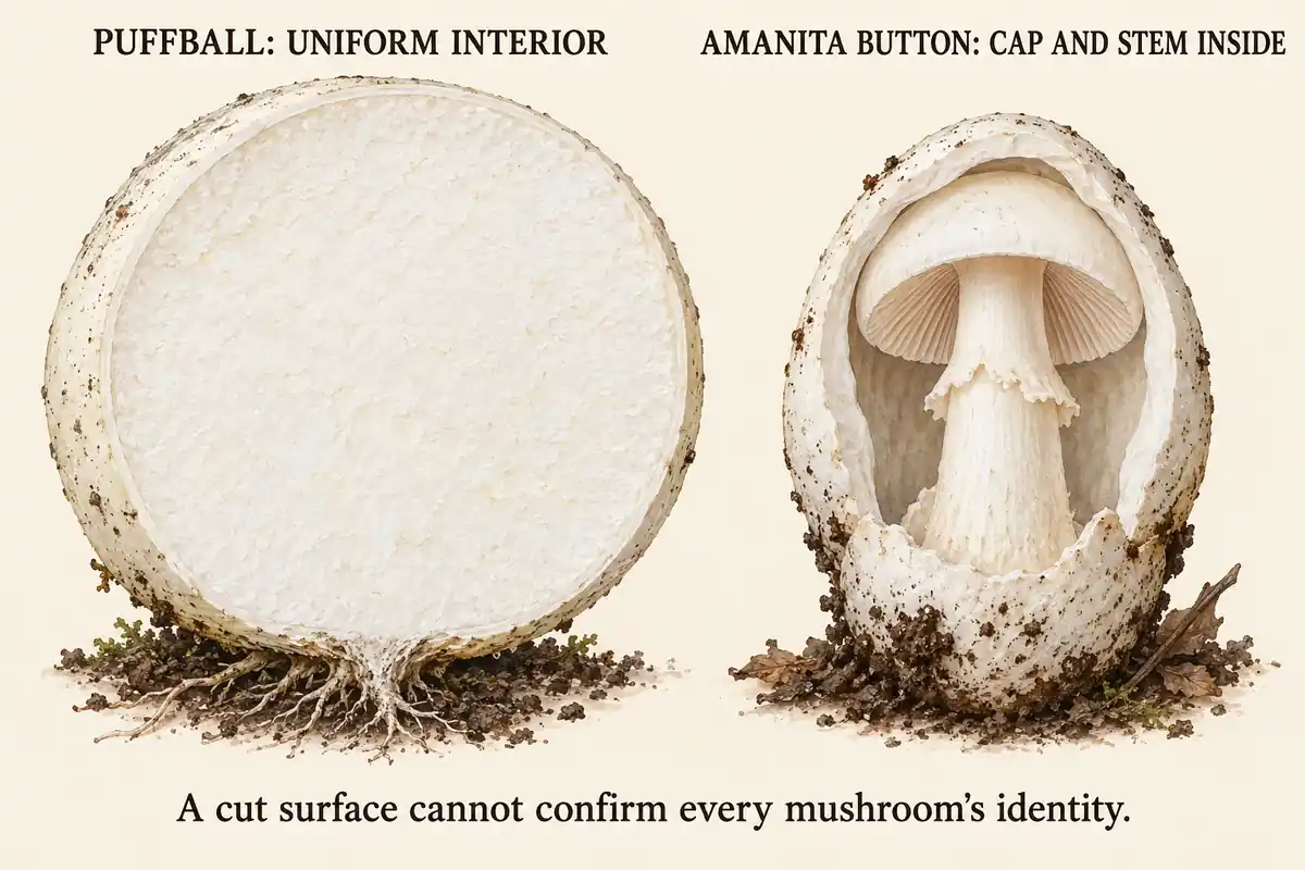 Illustration of a uniform puffball interior beside an Amanita button containing a developing cap and stem