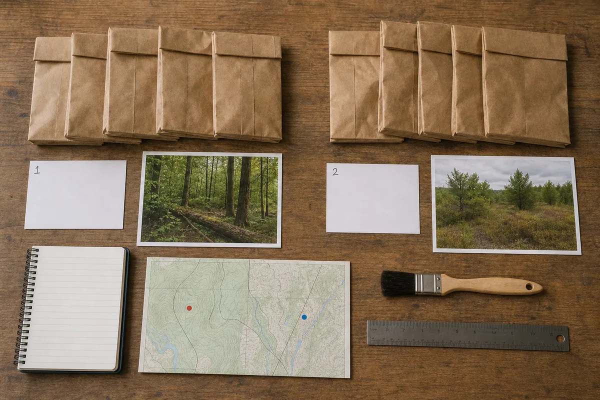 Two labeled groups of paper bags, field cards, photographs, and tools kept separate after a Midwest foraging trip