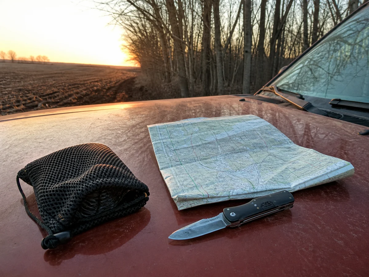 A folding knife, a mesh collecting bag and a folded paper county map on the hood of a car at the edge of an Illinois timber strip at dawn, bare spring trees and a flat crop field behind