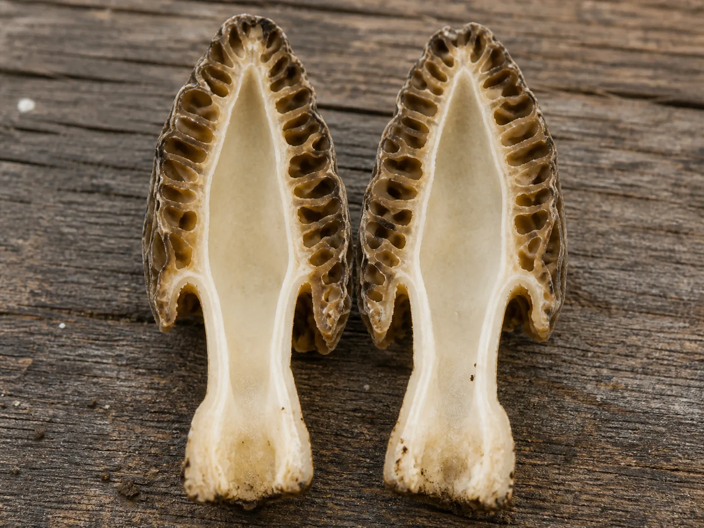 A half-free morel sliced in half lengthwise on a weathered board, the cut showing one continuous empty chamber the whole length and the cap skirt joining the stem about halfway down so the lower edge hangs free