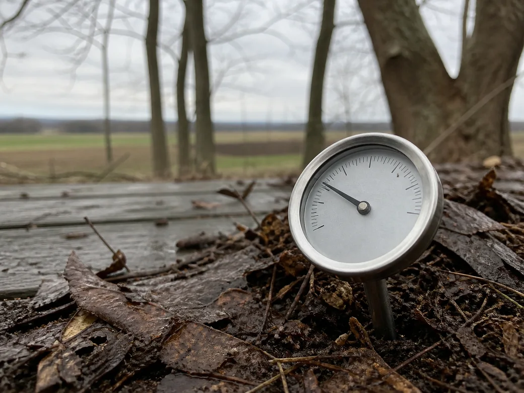 A dial soil thermometer pushed into damp leaf litter on an Iowa timber floor, with a flat open crop field visible through the bare trees behind