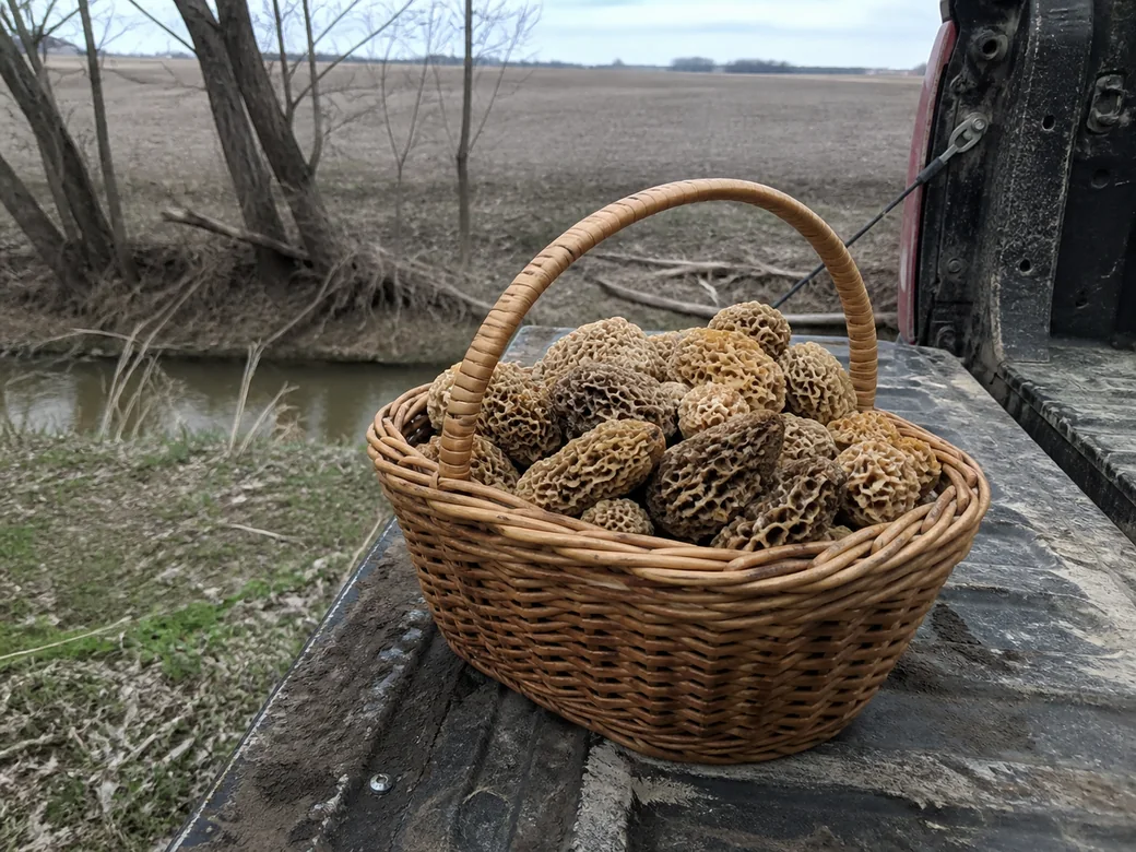 A wicker basket heaped with yellow morels on the open tailgate of a muddy pickup, with a narrow line of creek timber and a flat crop field behind