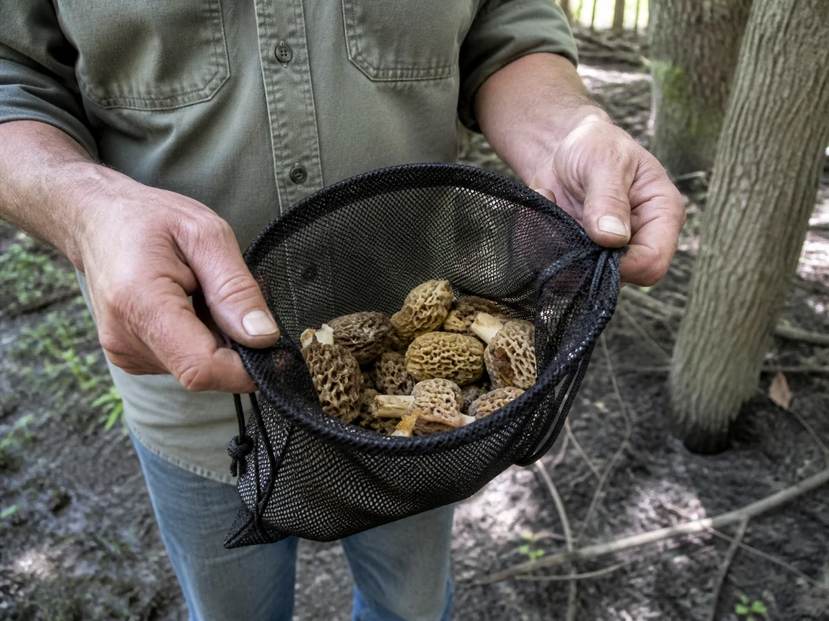 A mesh drawstring bag held open in both hands showing a modest scatter of yellow and tan morels, in a shaded Kansas creek bottom with damp dark soil and tall cottonwood trunks behind