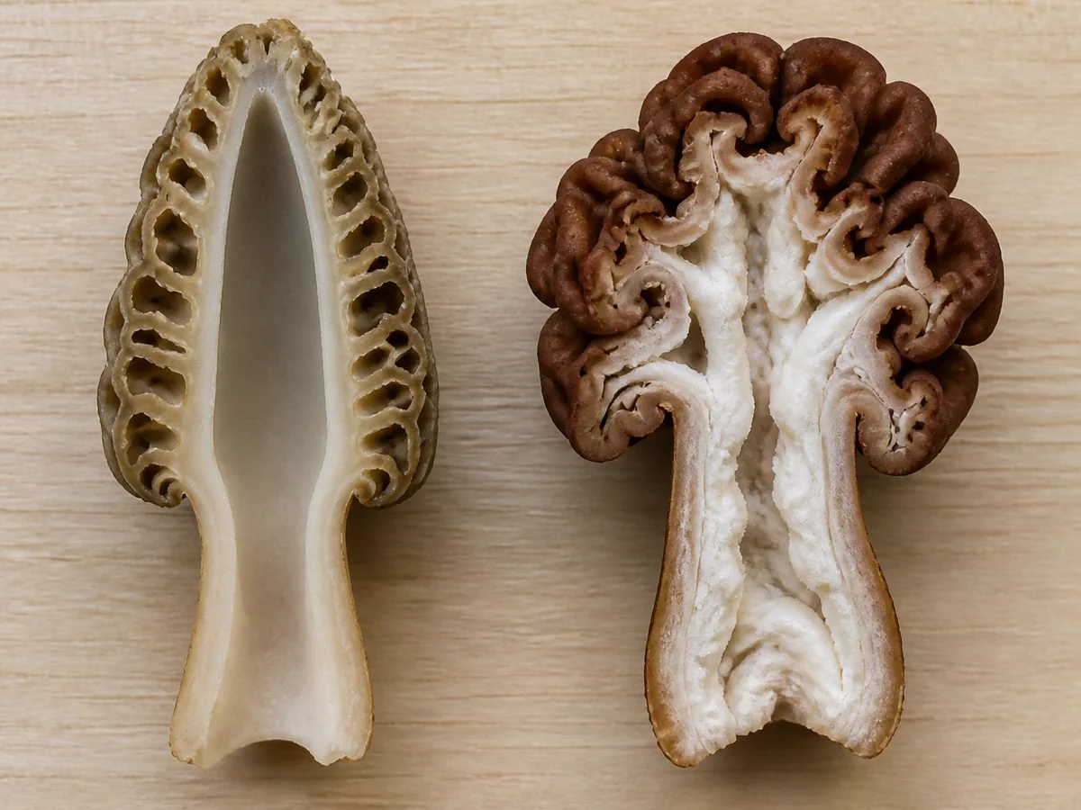 A true morel and a false morel halved lengthwise side by side on a board, one hollow and one filled with cottony tissue