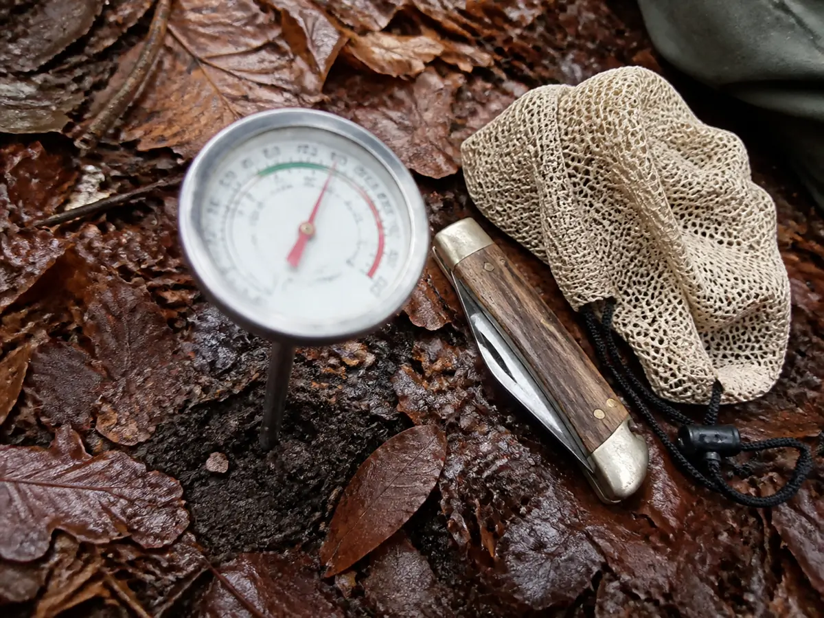 A soil thermometer pushed four inches into damp leaf litter beside a folding knife and a mesh collecting bag