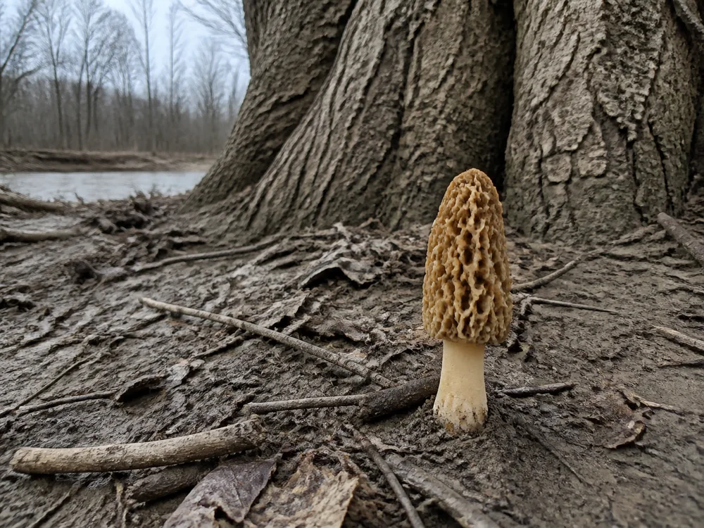 A single tall yellow morel standing in silty leaf litter at the base of a massive furrowed cottonwood trunk in a Minnesota river bottom
