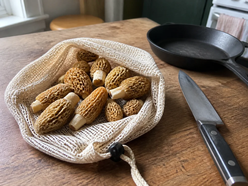 About a dozen fresh yellow morels in an open mesh bag on a kitchen table beside a knife and a cast iron pan