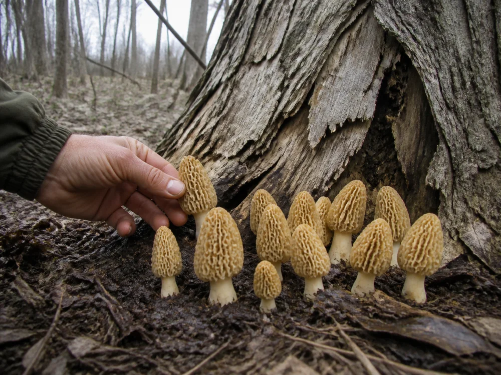 About fifteen yellow morels gathered on damp leaf litter at the exposed root flare of a dead elm with gray bark peeling away in long strips