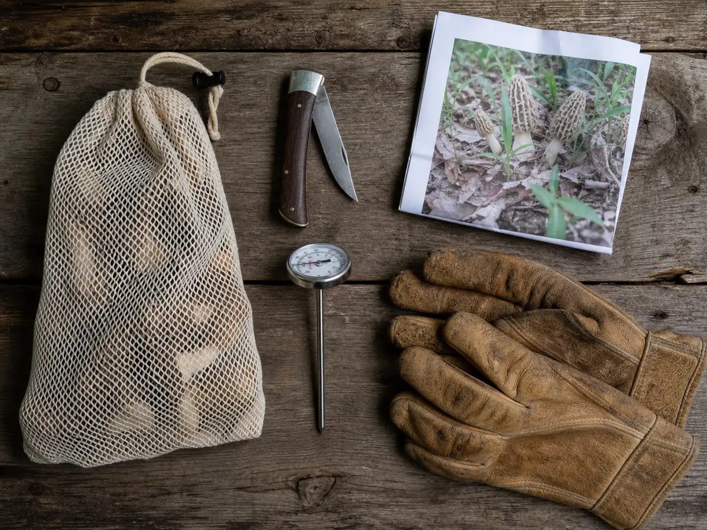An overhead flat-lay on weathered barn wood of a mesh collecting bag, a folding knife, a dial soil thermometer, a folded paper printout and worn leather gloves