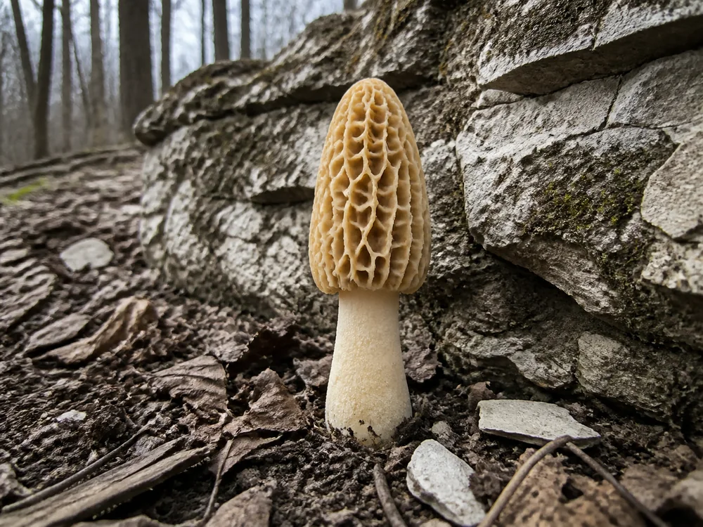 A single tall yellow morel with a pitted honeycomb cap standing in thin leaf litter directly at the foot of a weathered gray limestone ledge