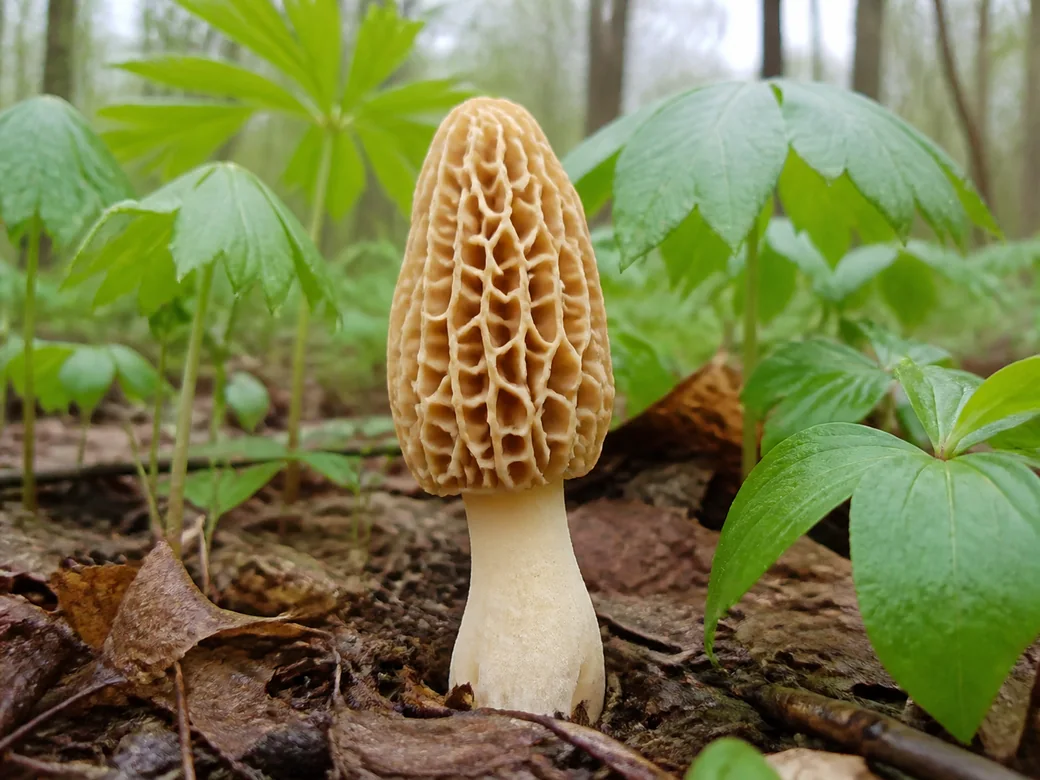 A single tall yellow morel with a pitted honeycomb cap standing among mayapple and trillium leaves on a Wisconsin woodland floor