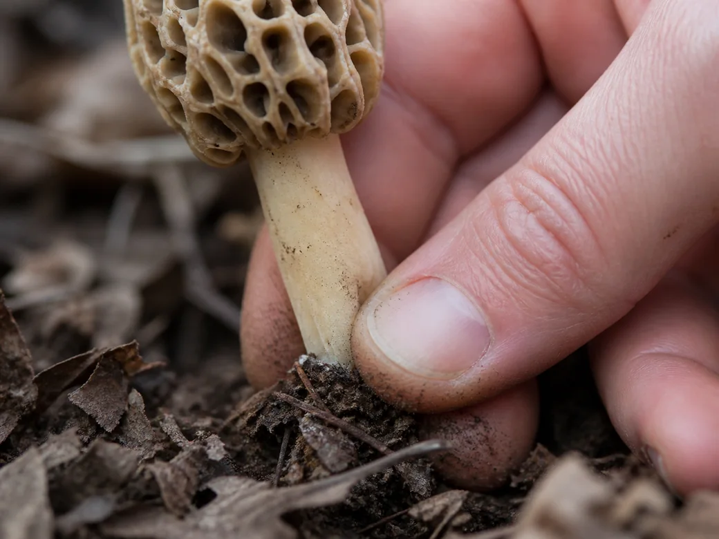 A close macro of a thumb and two fingers pinching the pale stem of a morel at ground level to lift it free from brown leaf litter