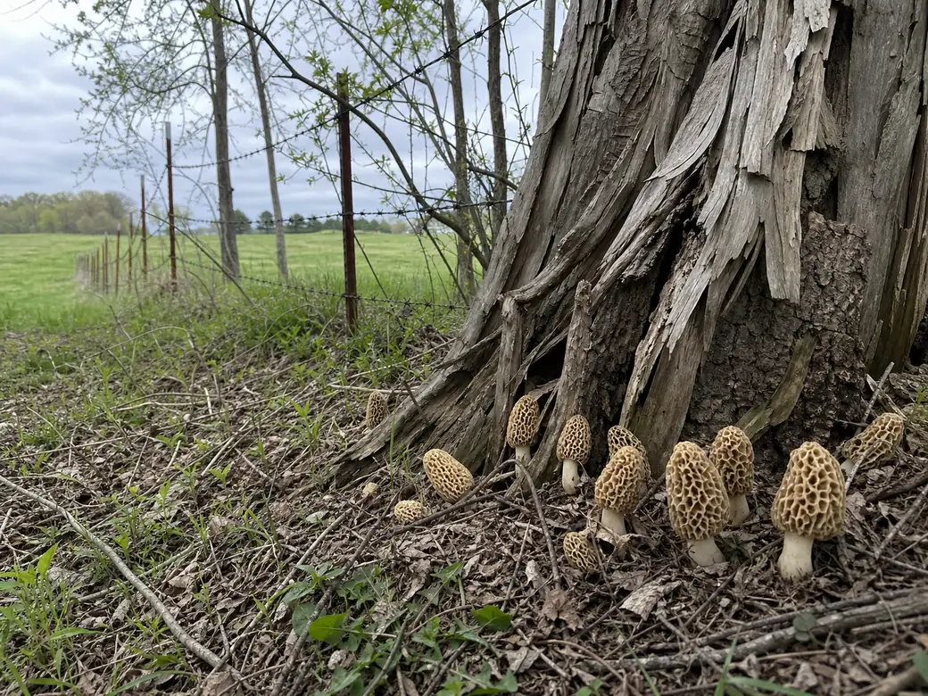 A dead elm with bark shedding in long strips rising from an old wire fencerow between two Wisconsin pastures, with yellow morels standing in the grass at its base