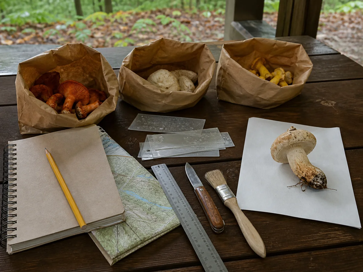 Separated paper bags, labels, notebook, ruler, knife, brush, map, and one documented specimen on a trailhead bench