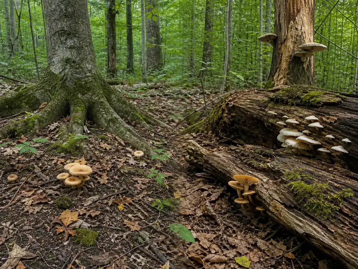 A field comparison between intact hardwood soil and mushrooms attached to a decaying log