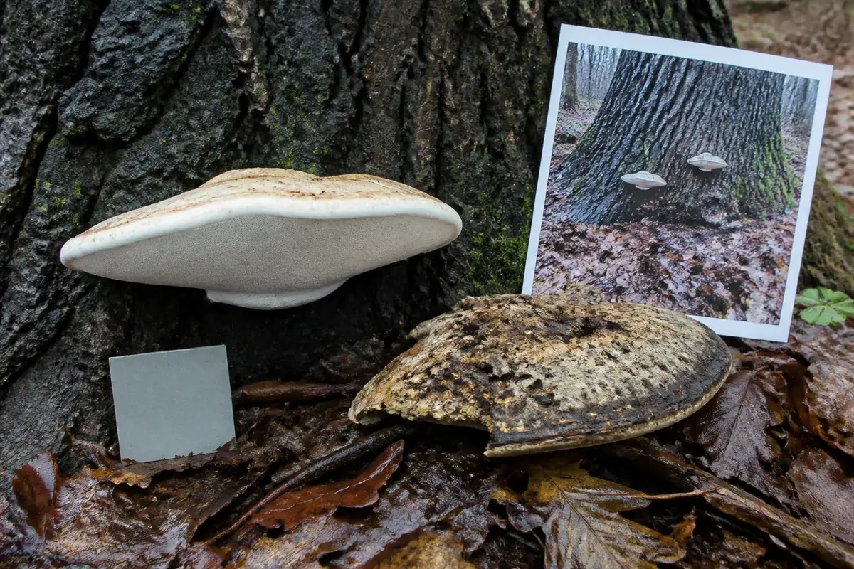 Fresh oak bracket with visible pores beside a collapsed weathered specimen and its attachment photograph