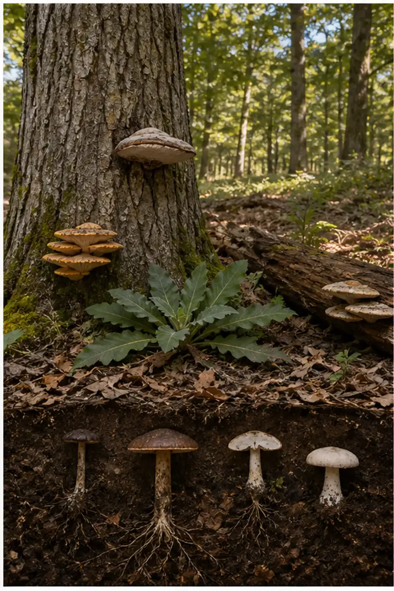 Oak woodland diagram showing mushrooms in leaf litter, at the root flare, on the trunk, and on a fallen log