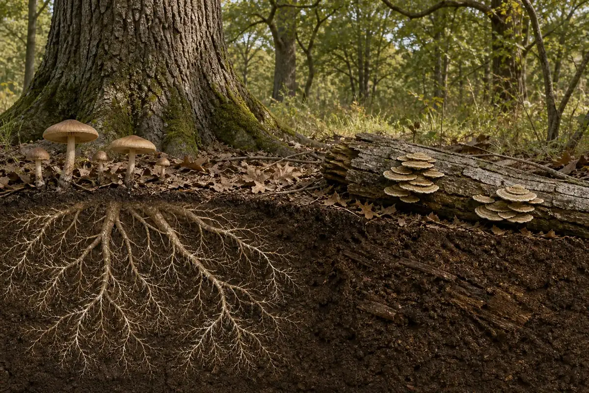 Soil mushrooms above living oak fine roots beside a separate shelf fungus attached to dead oak wood