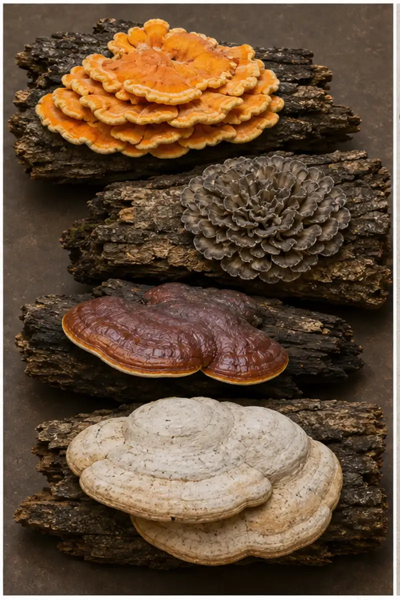 Distinct orange shelves, gray rosette, red tongue-like bracket, and massive pale basal polypore shown on oak wood