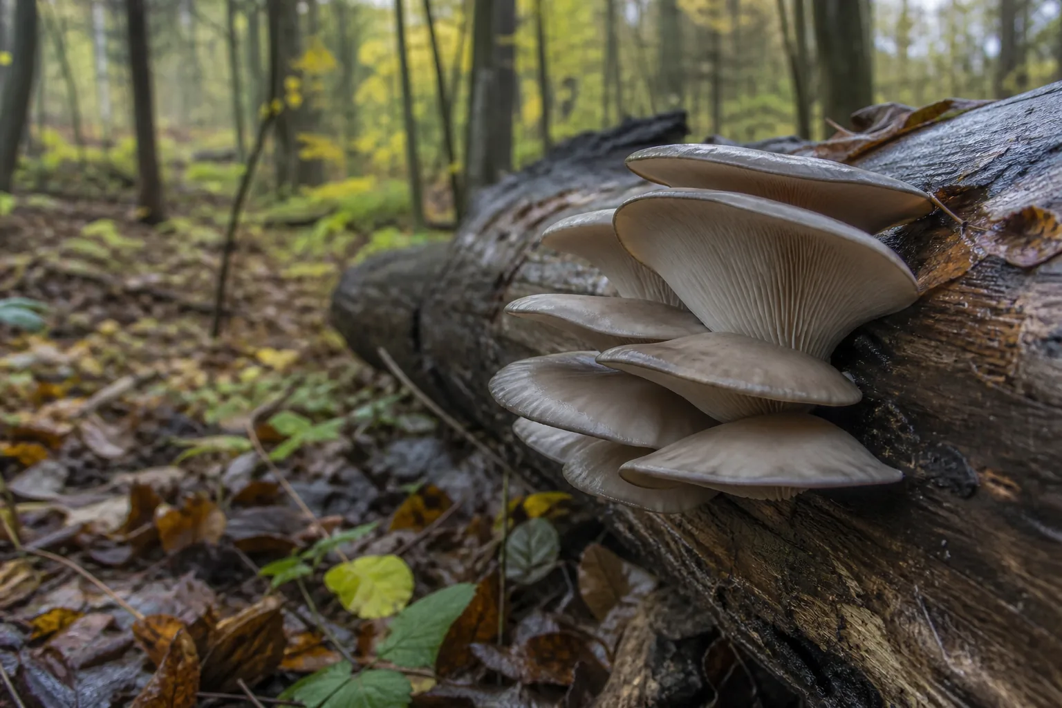 Fresh oyster mushroom clusters fruiting from a damp hardwood log in cool forest light