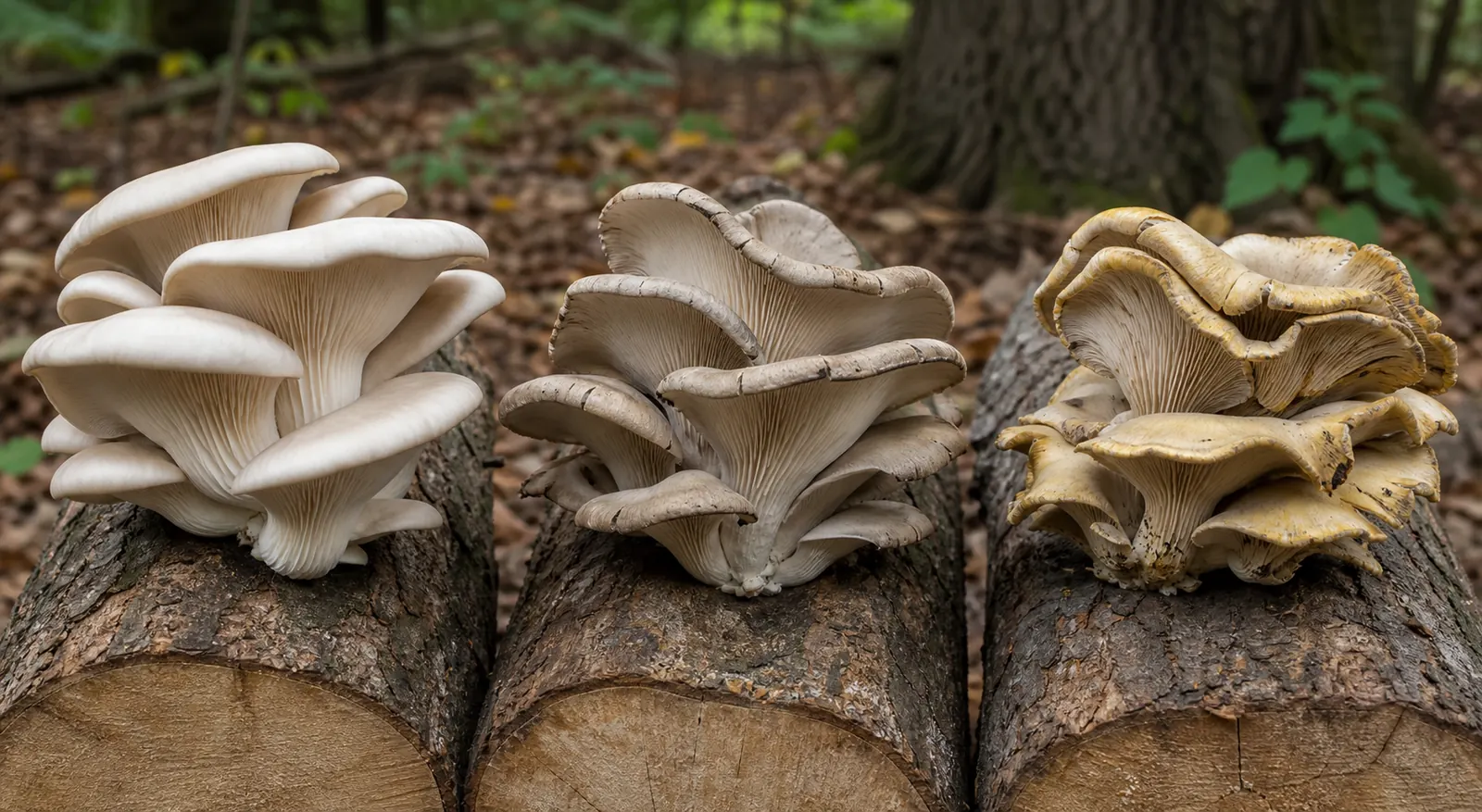 Oyster mushroom clusters shown at fresh, dry-edged, and degraded stages at the same scale