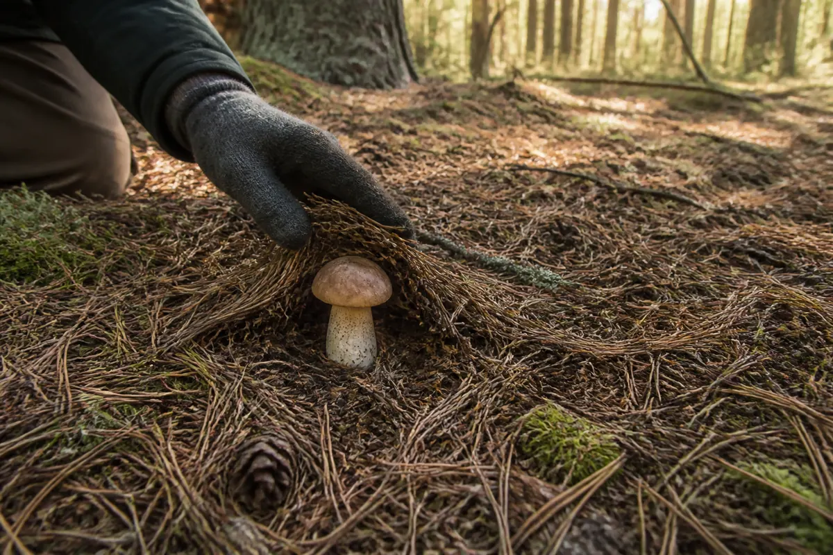 Forager kneeling beside a subtle hump in pine needles, exposing one complete mushroom with minimal disturbance while nearby duff remains intact