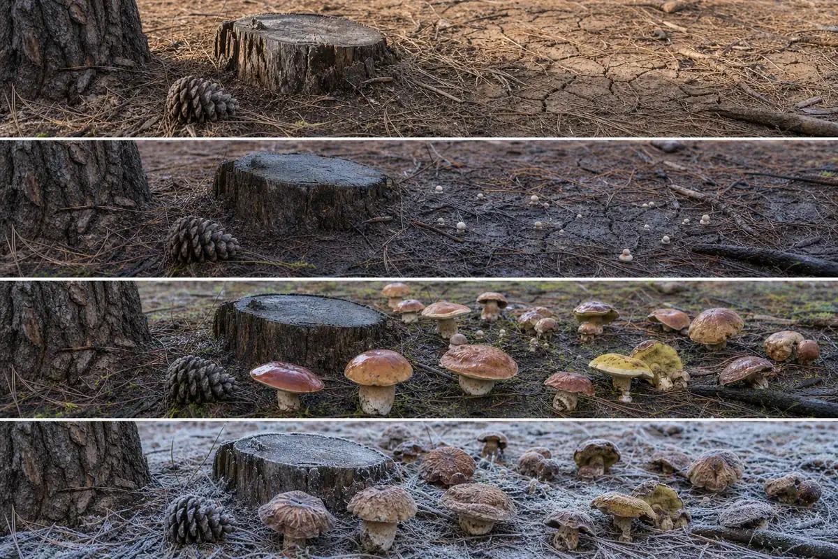Pine forest floor shown before rain, during a fresh mushroom flush, and after drying and frost