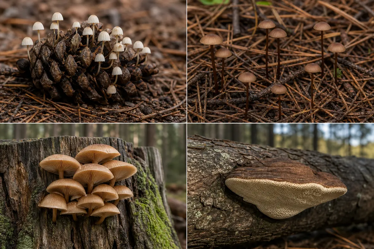 Close field plate of a cone fungus, needle-litter caps, a stump cluster, and a bracket on fallen pine