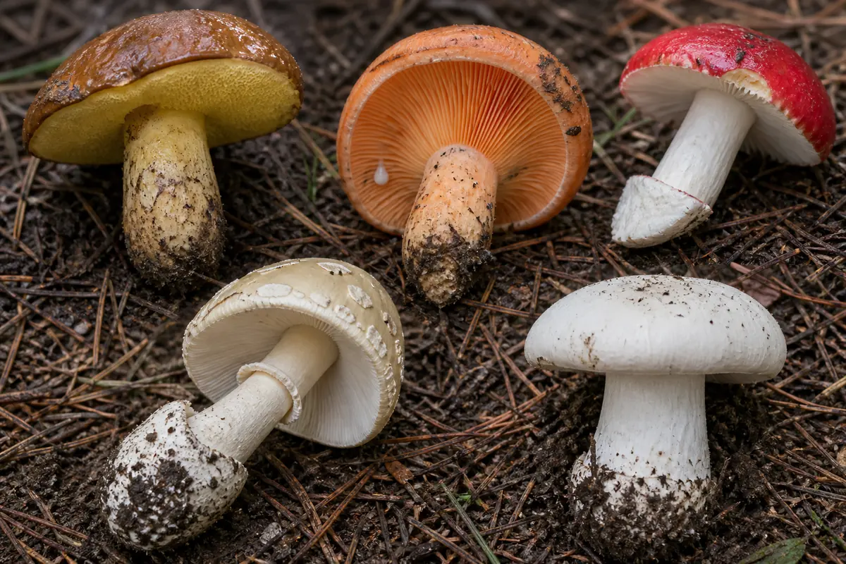 Five pine-root mushroom groups shown at equal scale with pore, latex, brittle gill, veil, and dense white-gilled features