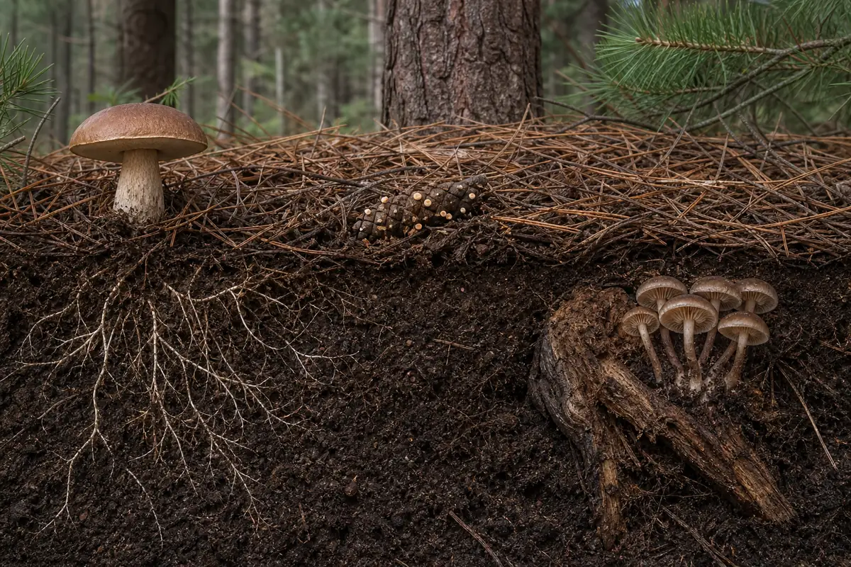 Pine forest cutaway separating a root-partner mushroom in soil, tiny fungi on a cone, and a cluster attached to buried wood