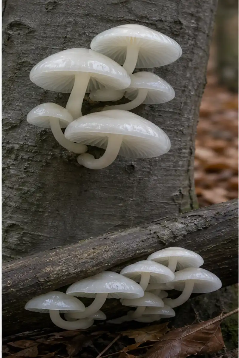 Glossy porcelain fungus clusters on a standing European beech branch and the underside of a fallen beech limb