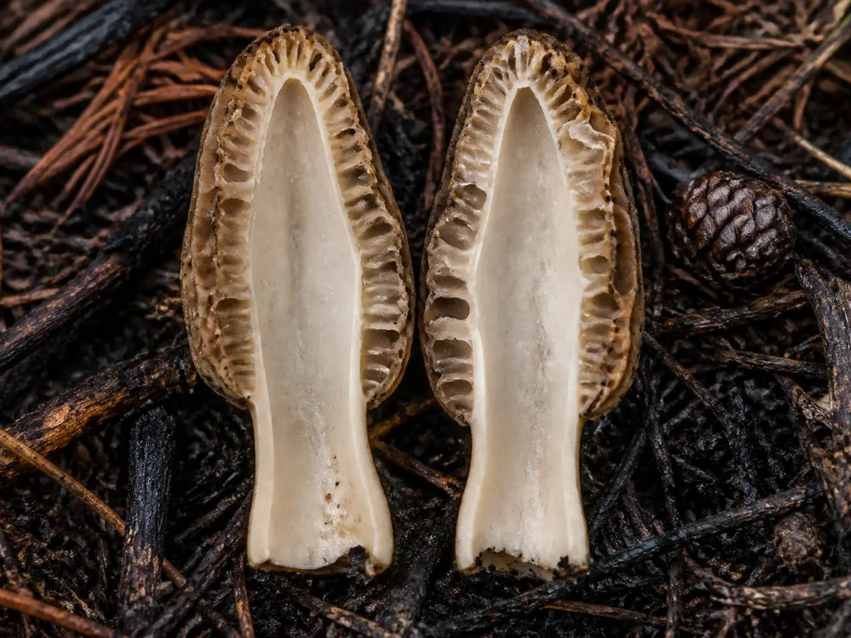 Morel cut lengthwise beside burned conifer litter to show one continuous hollow chamber