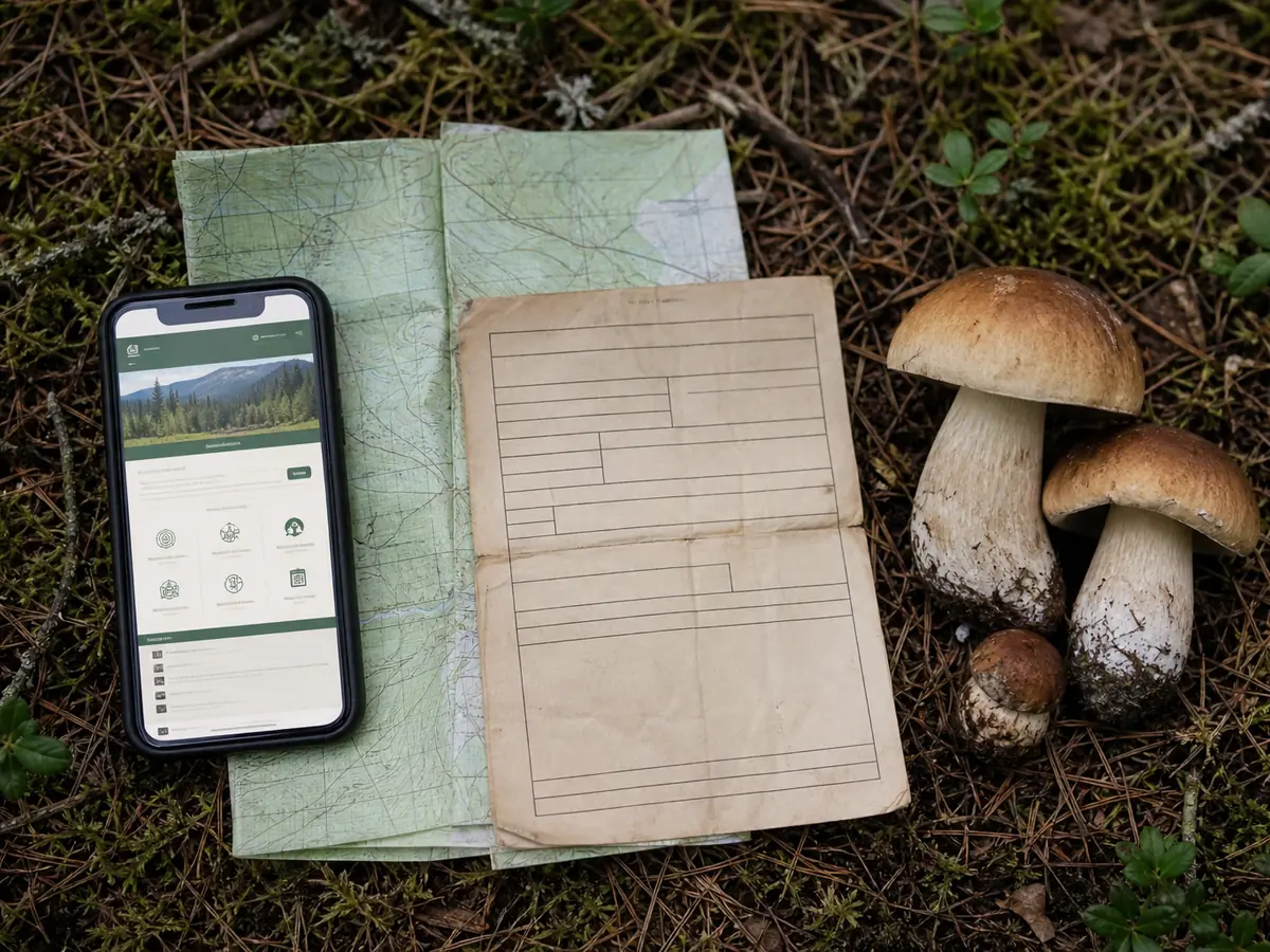 Current forest-district webpage beside a dated paper mushroom permit and map