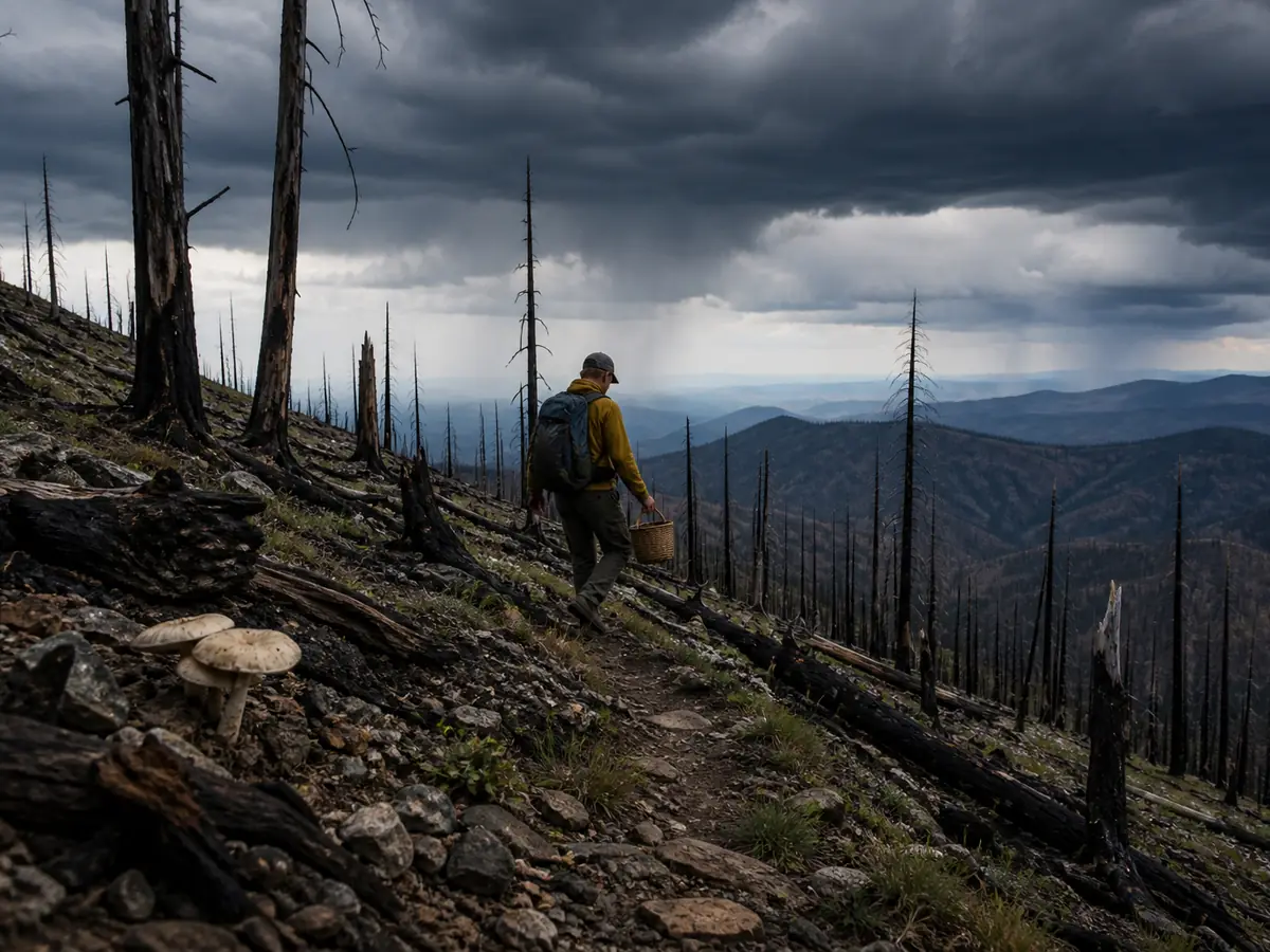 Forager descending from an exposed burned ridge beneath developing thunderclouds