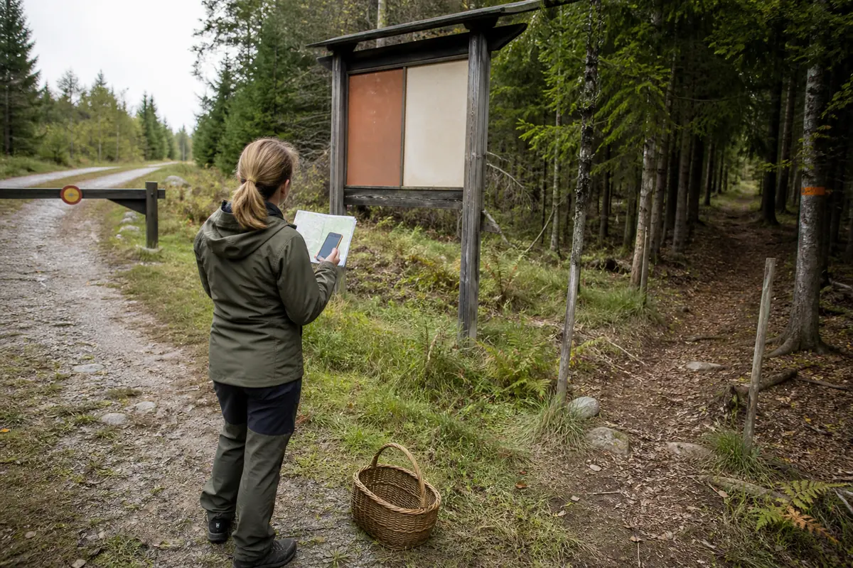 Forager checking a woodland map and entrance rules before collecting mushrooms in Scandinavia