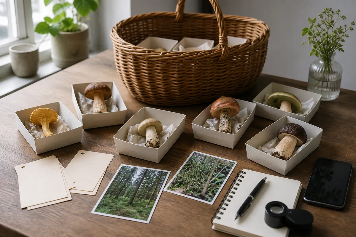 Scandinavian wild mushrooms separated in paper containers with field photographs and notes